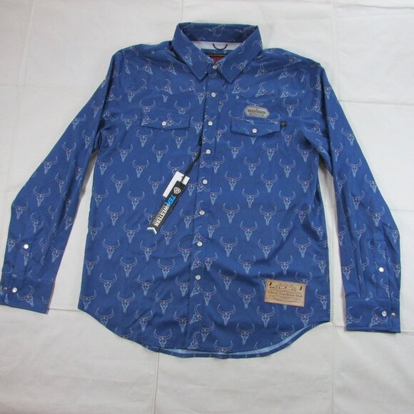 Rock & Roll Denim Men's Long Sleeve Tek Longhorn Print Snap Shirt Periwinkle - Picture 2 of 3